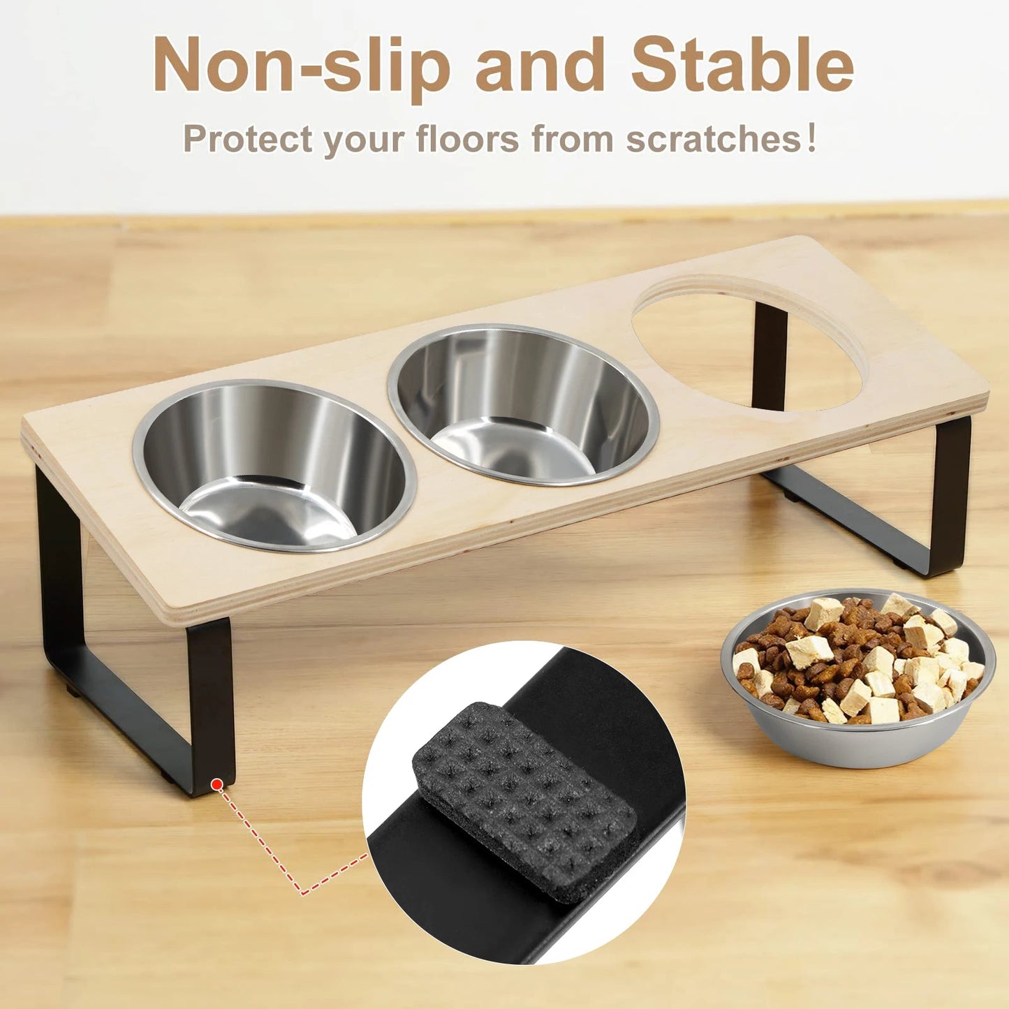 15° Tilted Elevated Cat Bowls Stand with Stainless Steel Bowls
