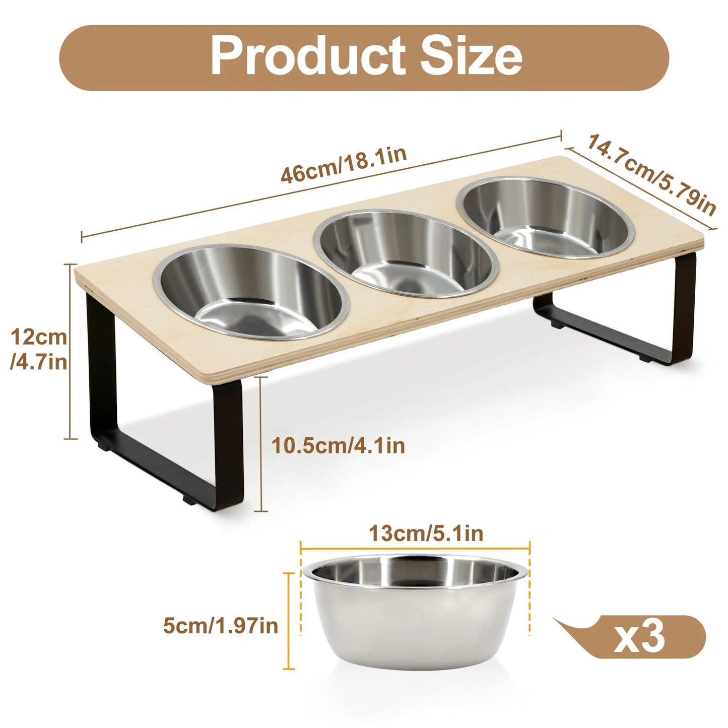 15° Tilted Elevated Cat Bowls Stand with Stainless Steel Bowls