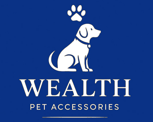 Logo of Wealth Pet Accessories with a white dog and paw print on a blue background